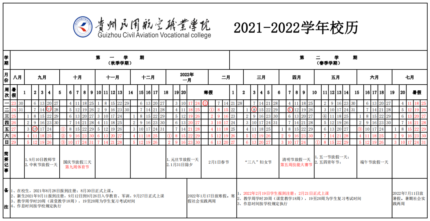 贵州民用航空职业学院 | 2021-2022学年校历