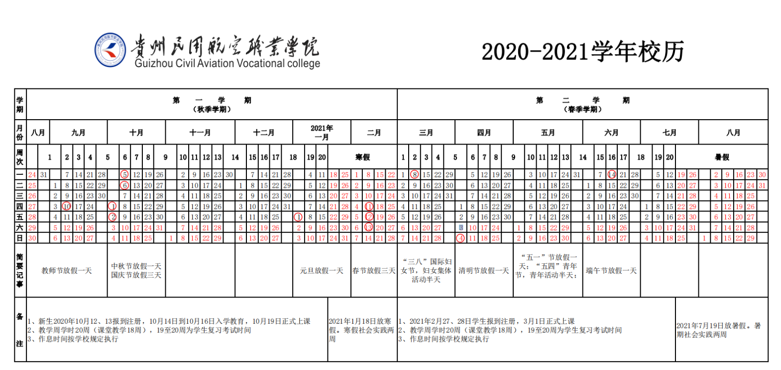 贵州民用航空职业学院2020-2021学年校历